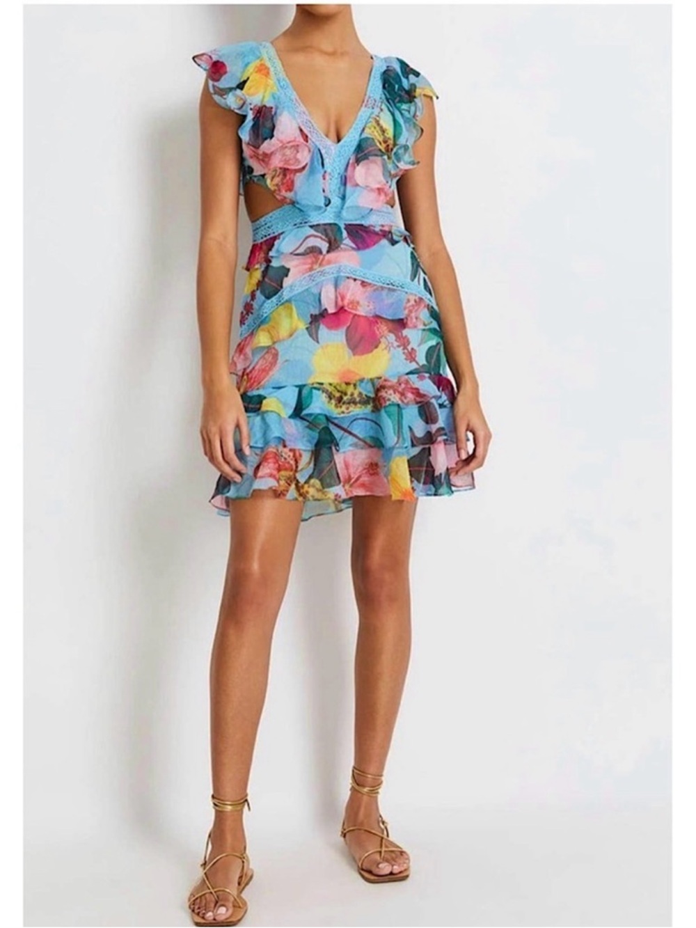 PatBO Hibiscus Cut Out Mini Dress Silk Floral V Neck Ruffle Resort Glam